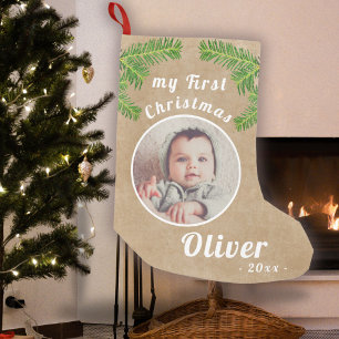 Rustic Baby's First jul Baby Photo Liten Julstrumpa