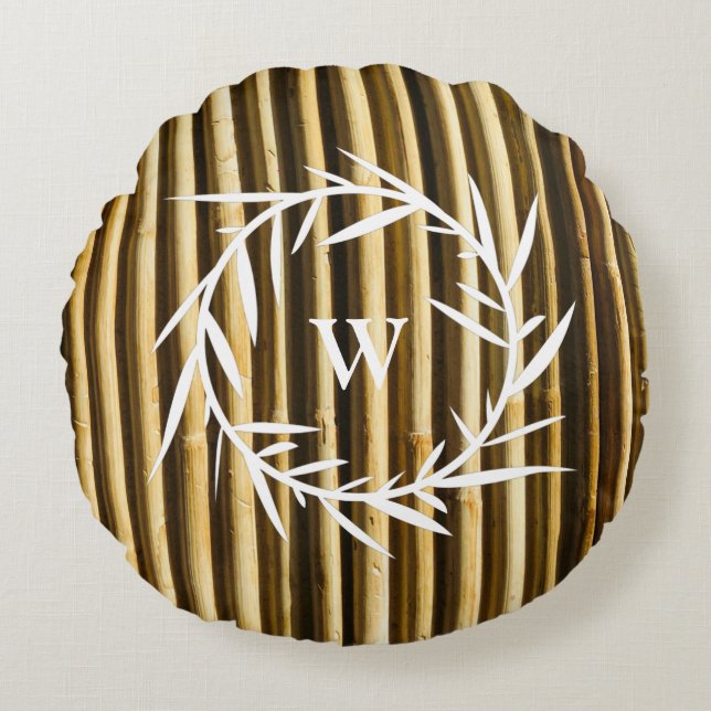 Rustic Bamboo Monogram Lodrät Linjer Mönster Rund Kudde (Framsidan)