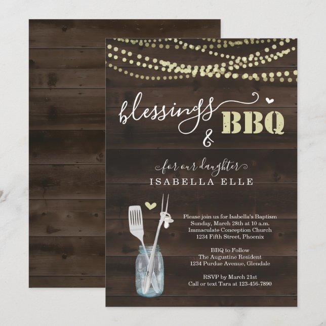 Rustic Baptism/Christening BBQ Party Inbjudningar (Fram/baksida)