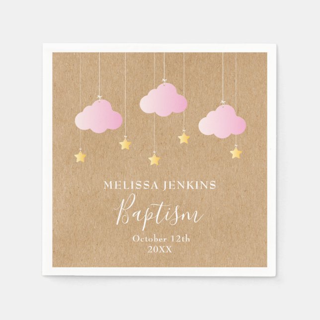 Rustic Baptism Christening Rosa Clouds Guld Stars Pappersservett (Framsidan)