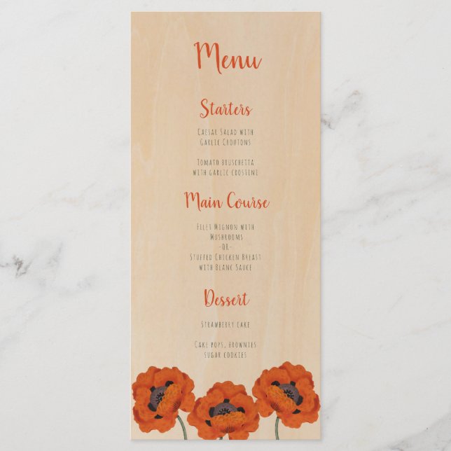 Rustic Baptism Girl Poppies Wood Red Handwrite Meny (Framsida)