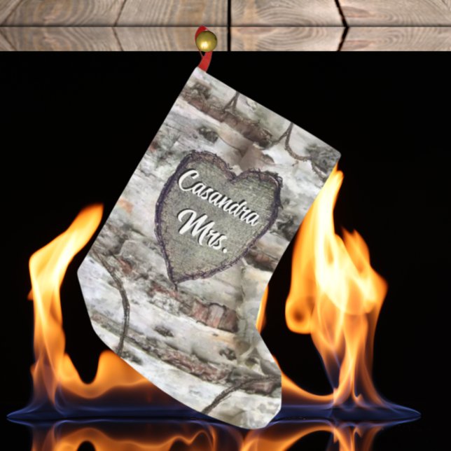 Rustic Bark Wood Carved Heart Aspen Träd Liten Julstrumpa (Skapare uppladdad)