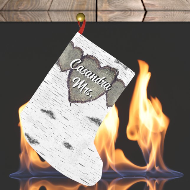 Rustic Bark Wood CarveHeart Greenery Brown Liten Julstrumpa (Skapare uppladdad)