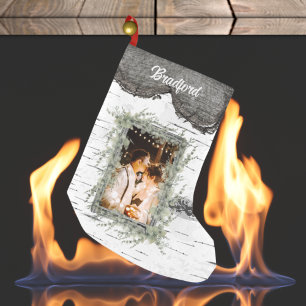 Rustic Bark Wood Heart Family Photo Eucalyptus Liten Julstrumpa