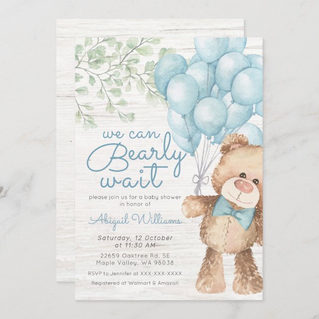 Rustic Barly Wait Blue Bear Boy Shower Inbjudningar (Fram/baksida)