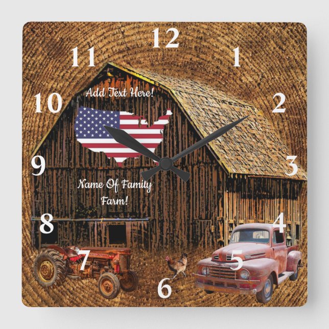 Rustic Barn American Flagga Square Wall Clock Fyrkantig Klocka (Framsida)