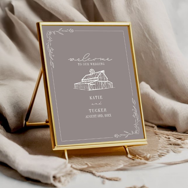 Rustic Barn Amethyst Grått Fall Wedding Välkommen Poster (Skapare uppladdad)