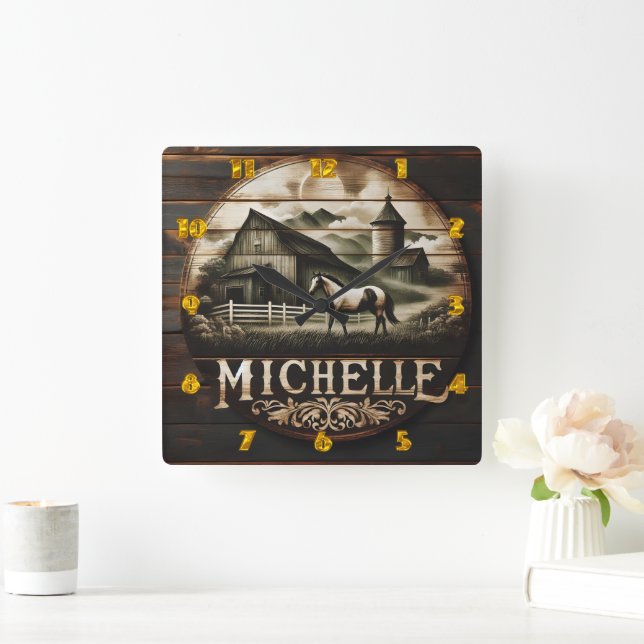Rustic Barn and Horse Illustration at Twilight Fyrkantig Klocka (Hem)