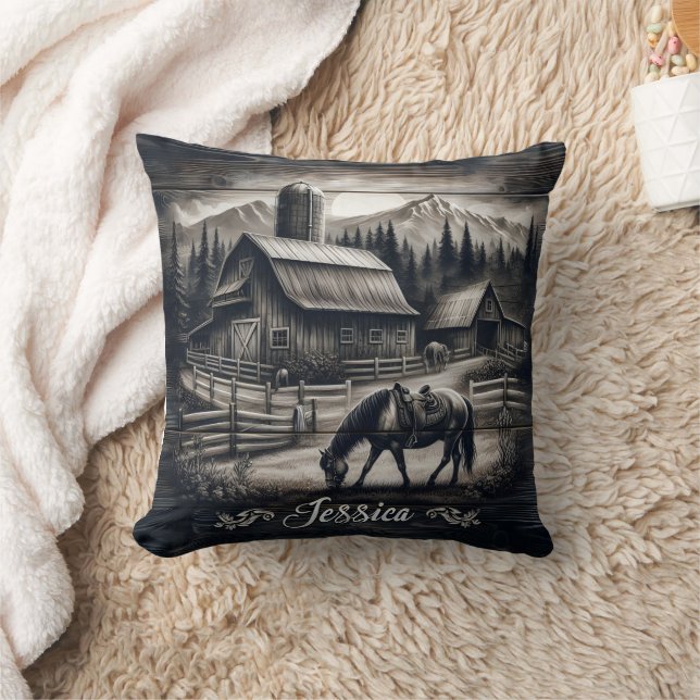 Rustic Barn and Horse in Mountain Ligcape Kudde (Filt)