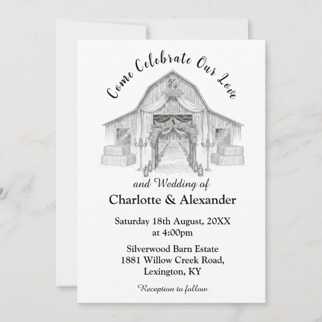 Rustic Barn Black and White Wedding Invitation Inbjudningar (Framsida)