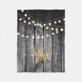 Rustic Barn Black Wood Guld String Ljus Monogram Fleecefilt