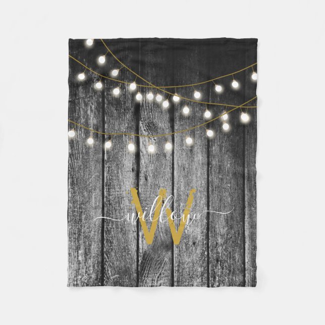 Rustic Barn Black Wood Guld String Ljus Monogram Fleecefilt (Framsidan)