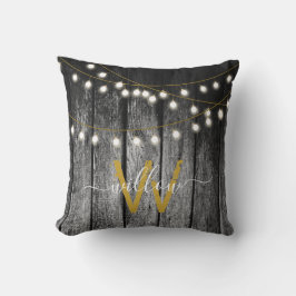 Rustic Barn Black Wood Guld String Ljus Monogram Kudde