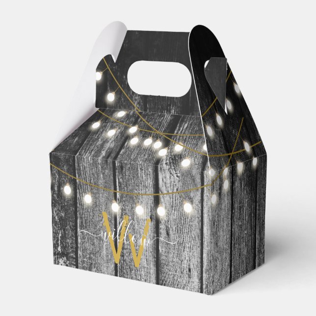 Rustic Barn Black Wood Guld String Ljus Monogram Presentaskar (Framsidan Sidan)