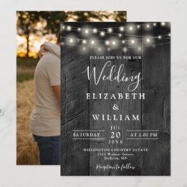 Rustic Barn Black Wood String Ljus Photo Bröllop Inbjudningar