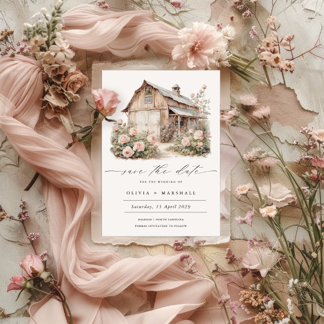 Rustic Barn Blommigt Land Spara datum Datumet (Rustic Floral Barn Save the Date )
