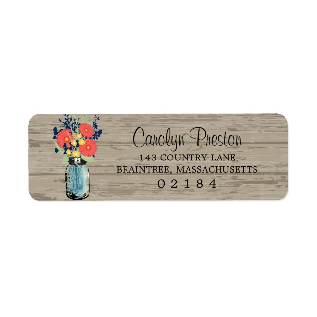 Rustic Barn Blue Mason Burk Coral Gerber Daisy Returadress Etikett (Framsidan)