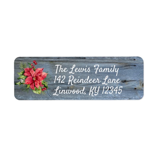 Rustic Barn Board och Poinsettia Returadress Etikett (Framsidan)