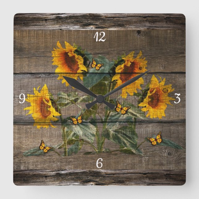 Rustic Barn Board Solblommor Butterflies Fyrkantig Klocka (Framsida)