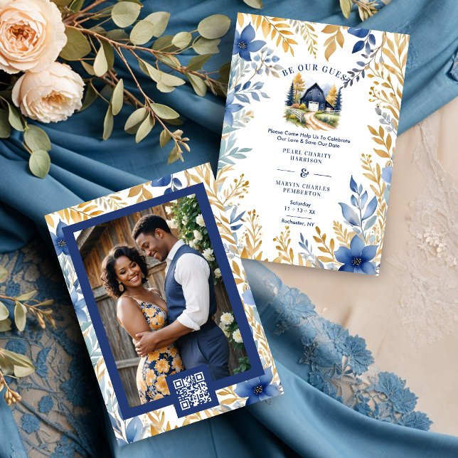 Rustic Barn Botanical Blue Leaves & Branches Frame Spara Datumet (Exquisite Rustic Barn Classic Farmhouse Style Wedding Save the Date Cards.)