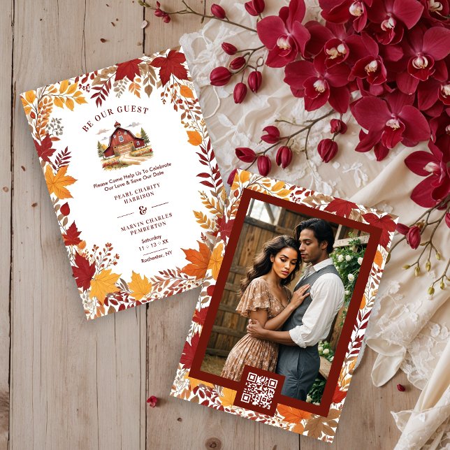 Rustic Barn Botanical Fall Leaves & Branches Frame Spara Datumet (Exquisite Rustic Barn Classic Farmhouse Style with Delicate Narrow Botanical Fall Leaves & Branches.)