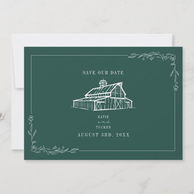 Rustic Barn Bröllop Emerald Grönt Spara datum Datumet (Framsida)