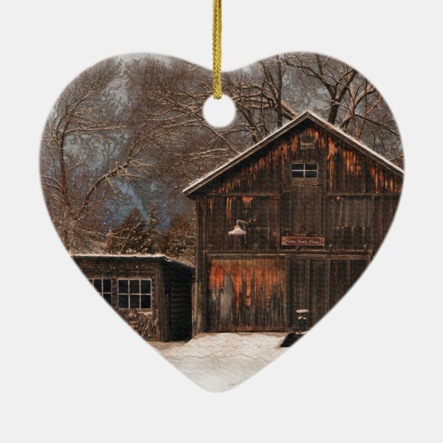 Rustic Barn & Cottage Vintage Snö Scene Julgransprydnad Keramik (Baksidan)