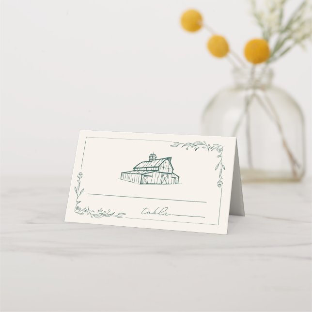 Rustic Barn Emerald Grönt Farm Fall Wedding Placeringskort (Framsida)