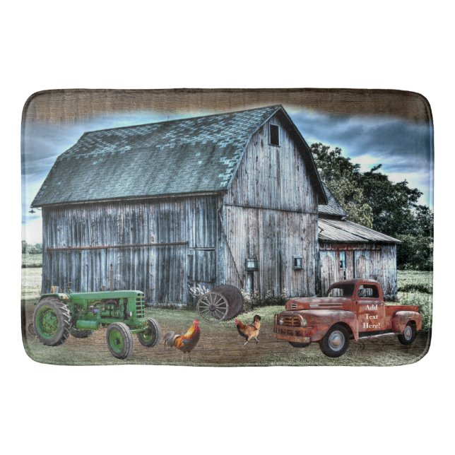 Rustic Barn Farm Lastbil Tractor Tupp Hen Badrumsmatta (Framsidan)