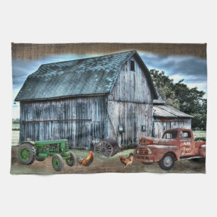 Rustic Barn Farm Lastbil Tractor Tupp Hen Kökshandduk