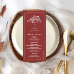 Rustic Barn Muted Red Fall Wedding Meny<br><div class="desc">Bröllop välkommen med strålande lada-illustration över rött ljus.</div>