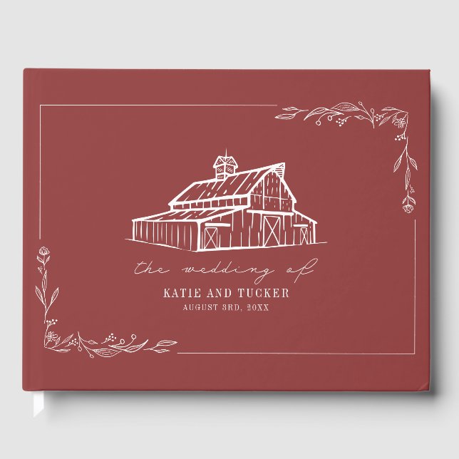 Rustic Barn Muted Red Farm Bröllop Guest Bok (Framsida)