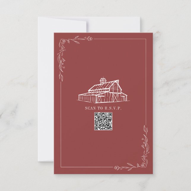 Rustic Barn Muted Red QR Code Bröllop OSA Kort (Framsida)