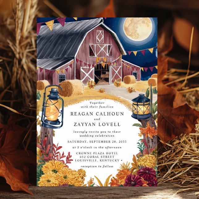 Rustic Barn Navy Blue Natt Autumn Bröllop Inbjudningar (Skapare uppladdad)
