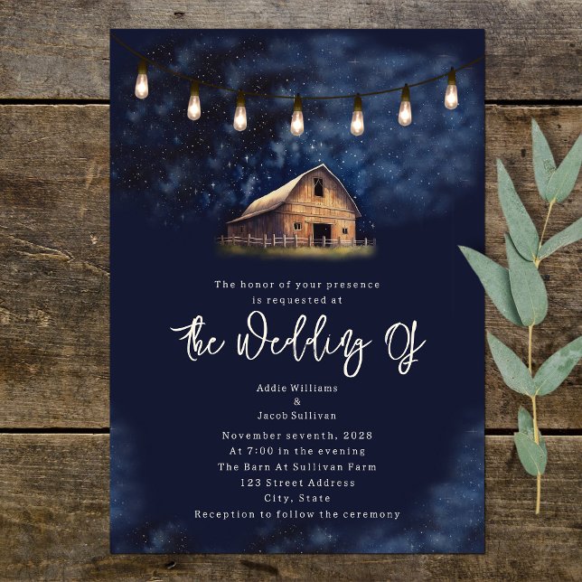 Rustic Barn String Ljus Night Bröllop Inbjudningar (Skapare uppladdad)