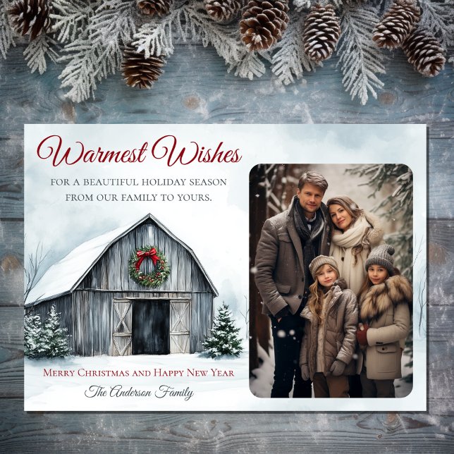 Rustic Barn varmaste Önskemål Farm-julfoto Julkort (Rustic Barn Warmest Wishes Farm Christmas Photo Holiday Card)