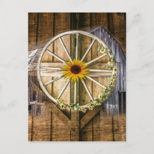 Rustic Barn Wagon Wheel Solros Helg Vykort