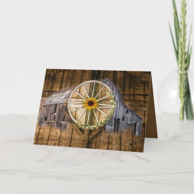 Rustic Barn Wagon Wheel Solros Helgkort (Framsida)