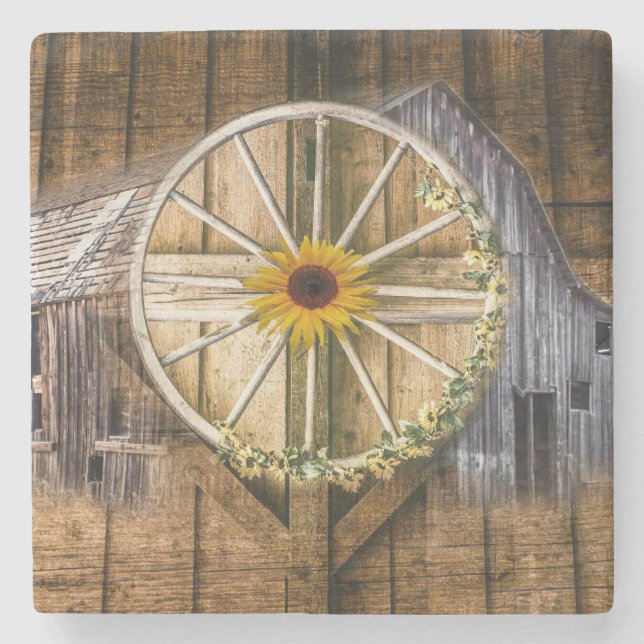 Rustic Barn Wagon Wheel Solros Stenunderlägg (Framsidan)