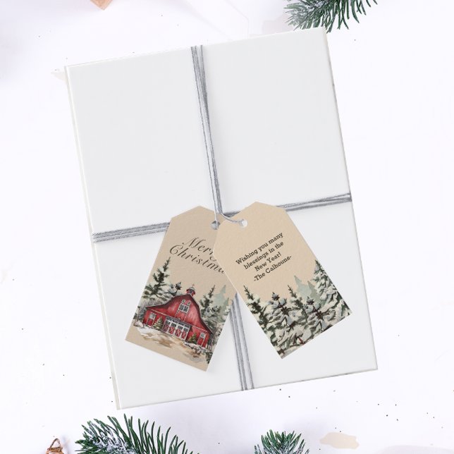 Rustic Barn Watercolor Land jul Presentetikett (Skapare uppladdad)