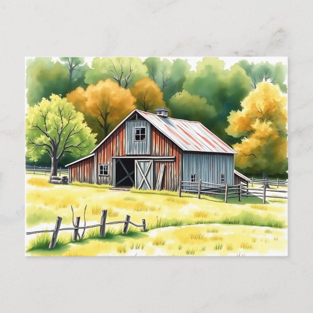 Rustic Barn Watercolor, omgiven av Fält Vykort (Framsida)