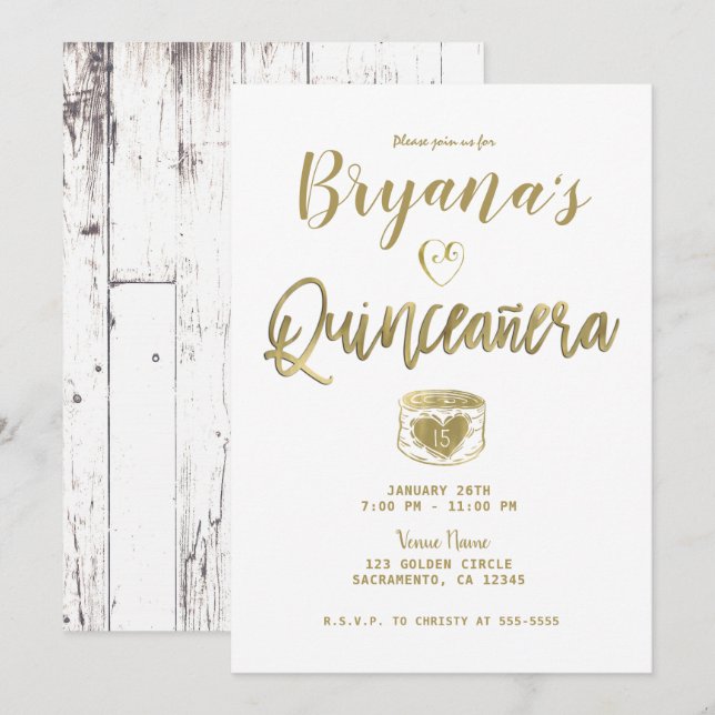 Rustic Barn White Wood Guld 15 Quinceañera Inbjudningar (Fram/baksida)