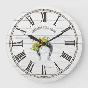 Rustic Barn White Wood Sunblommor Horseshoe Stor Klocka