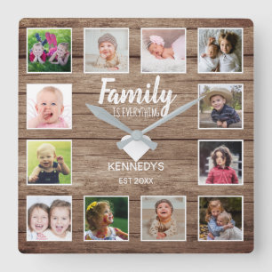 Rustic Barn Wood 12 Photo Collage Family Quote Fyrkantig Klocka