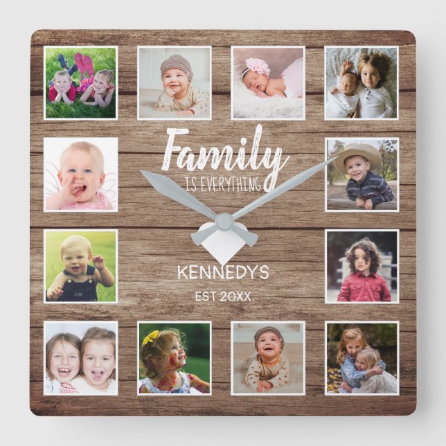 Rustic Barn Wood 12 Photo Collage Family Quote Fyrkantig Klocka (Framsida)