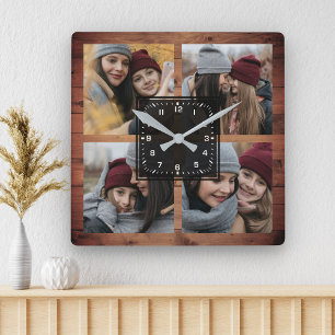 Rustic Barn Wood 4 Bilder Family Photo Collage Fyrkantig Klocka