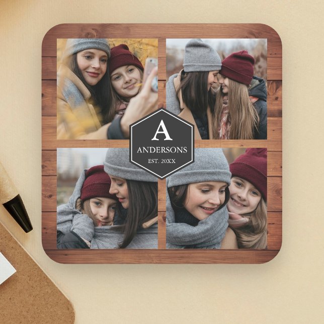 Rustic Barn Wood 4 Bilder Family Photo Collage Underlägg Papper Kvadrat (Skapare uppladdad)