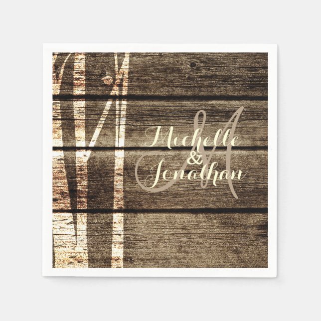 Rustic Barn Wood Birch Träd Bröllop Napkin Pappersservett (Framsidan)