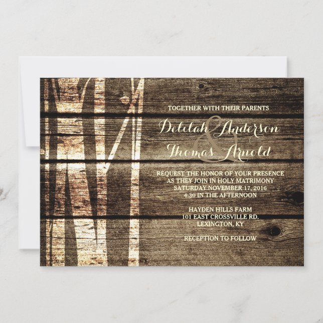 Rustic Barn Wood Birch Träd Winter Wedding Inbjuda Inbjudningar (Framsida)