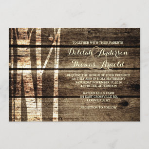Rustic Barn Wood Birch Träd Winter Wedding Inbjuda Inbjudningar
